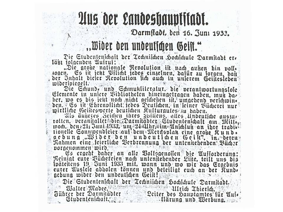 "Aus der Landeshauptstadt - Wider den undeutschen Geist", Aufruf der Darmstdter Studentenschaft im Darmstdter Tagblatt vom 16.6.1933