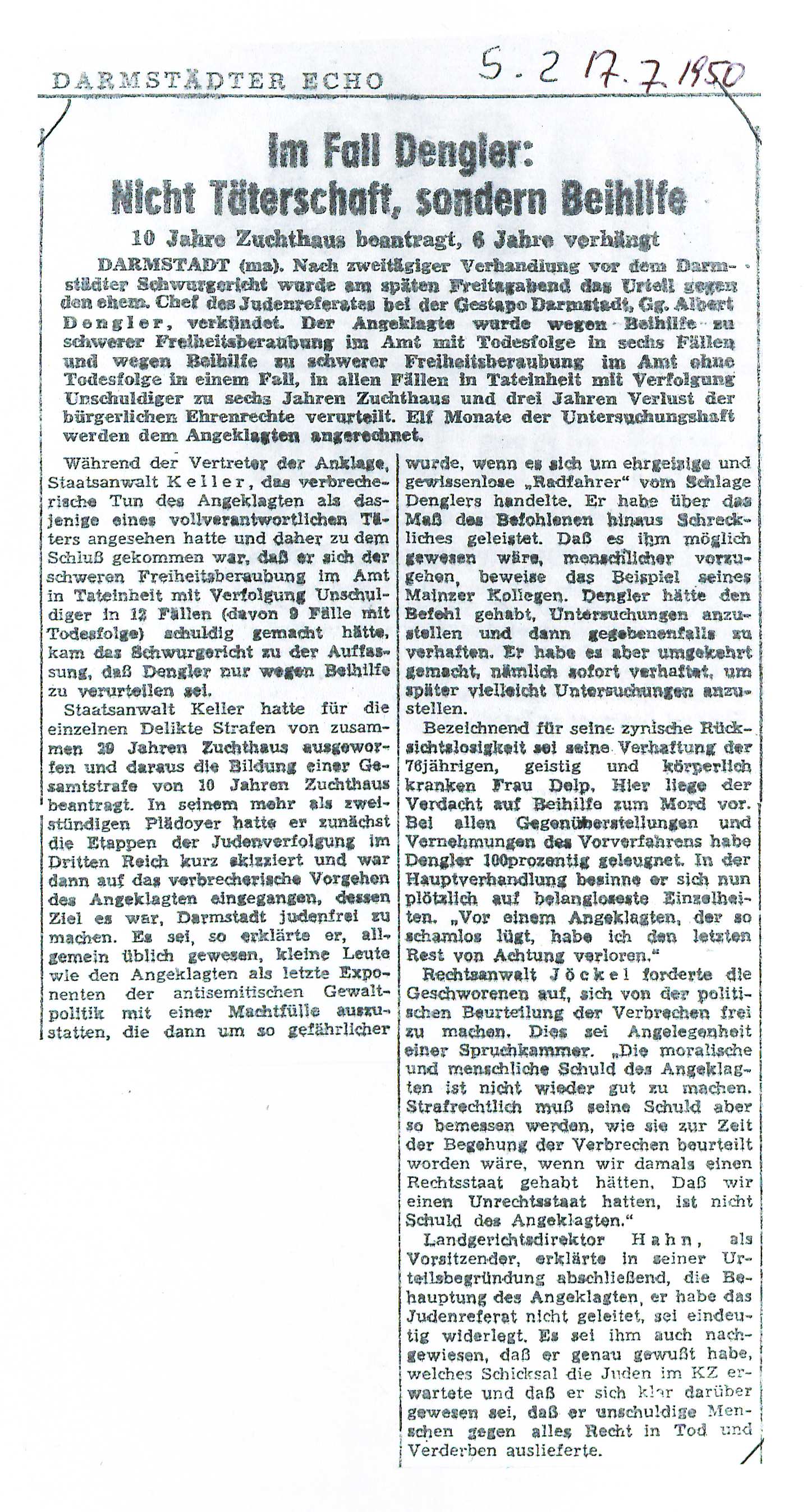 Dengler, Darmstädter Echo 17.7.1950 Dengler, Darmstädter Echo 17.7.1950
