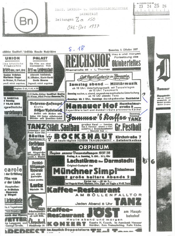 Anzeige Hanauer Hof, Darmstdter Tagblatt 2.Okt 1937